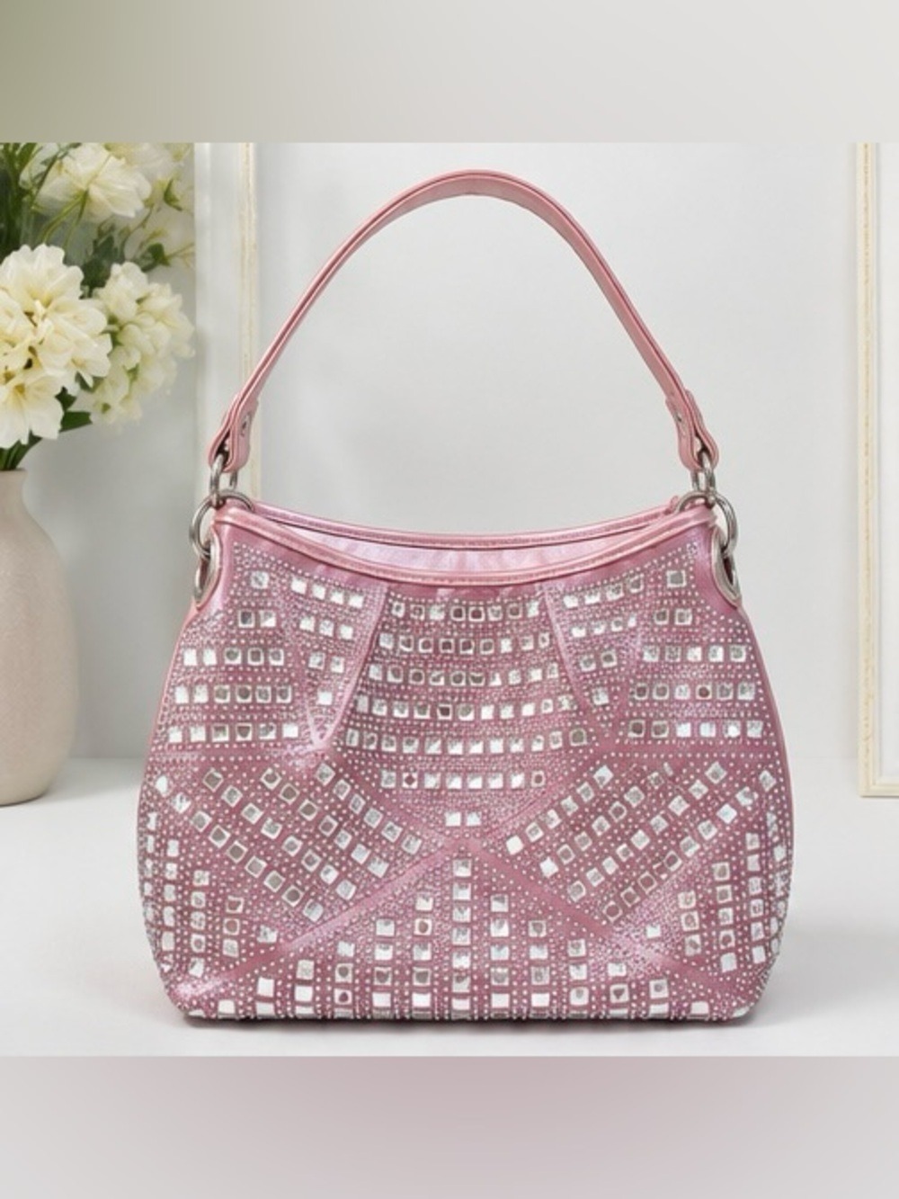 Y2K Metallic Pink Rhinestone Studded Hobo Shoulder Bag